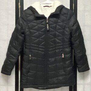 DKNY Black Quilted Puffer Jacket Sherpa-Lined Hooded Water-Resistant M